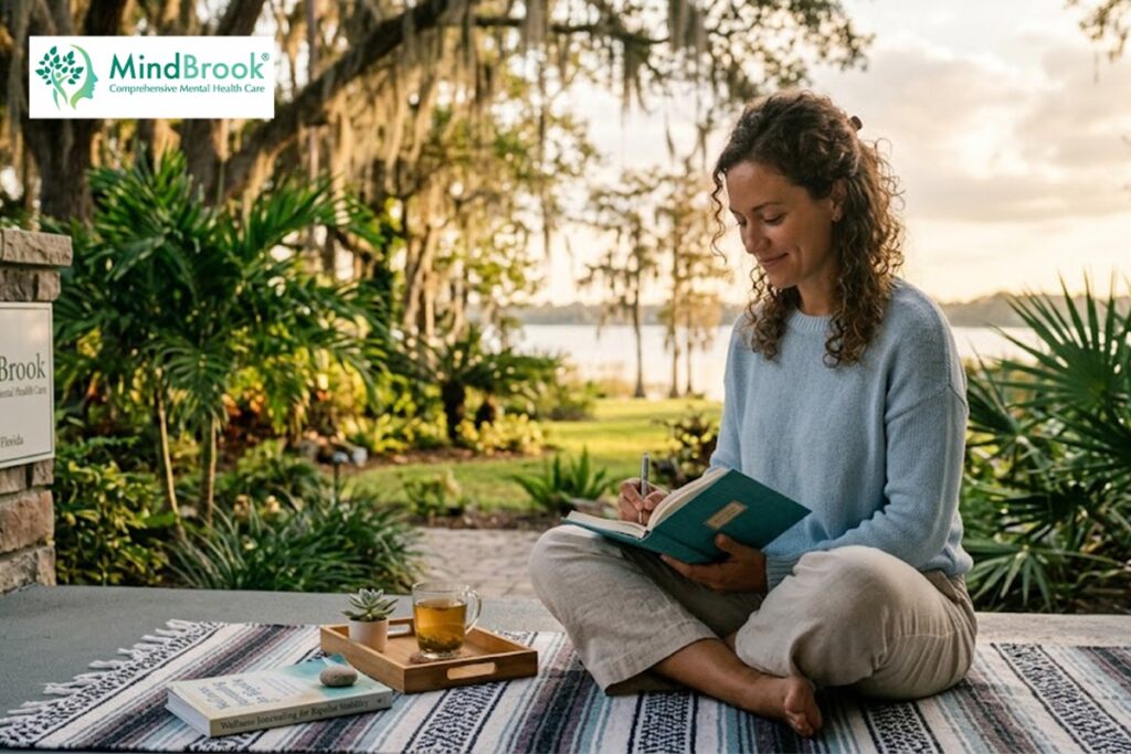 Person practicing mental wellness journaling as part of bipolar disorder mood stability treatment in Florida