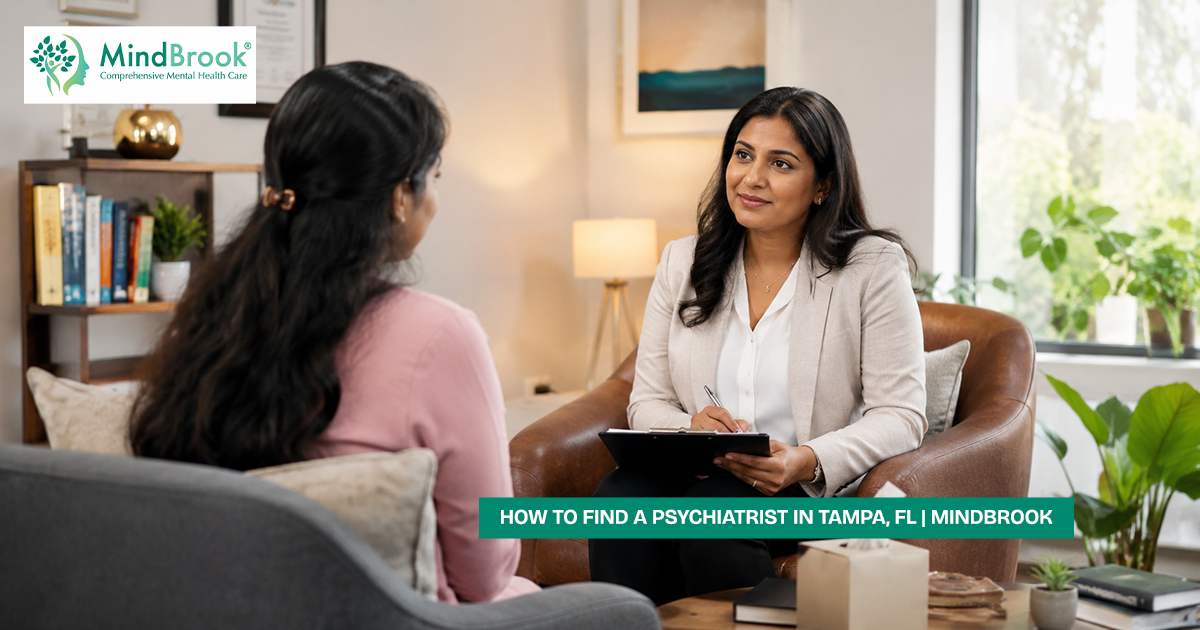 Board-certified psychiatric nurse practitioner conducting a patient consultation at MindBrook Psychiatry, Tampa FL