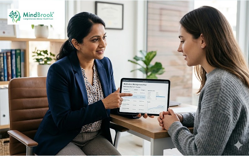 MindBrook Psychiatry provider in Tampa, FL reviewing a personalized bipolar disorder medication management plan on a tablet with a patient during an outpatient psychiatric consultation.