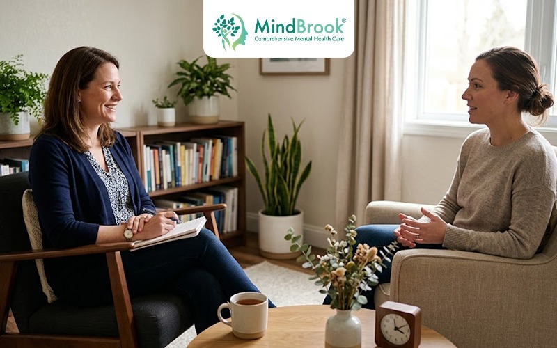 Patient speaking with psychiatrist about depression symptoms at MindBrook Psychiatry Tampa FL