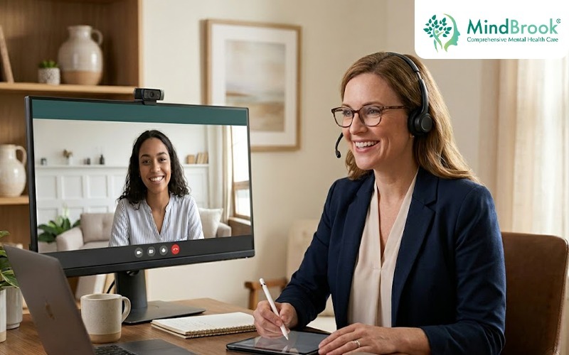 Psychiatrist conducting telehealth session for depression treatment - MindBrook Psychiatry Tampa FL