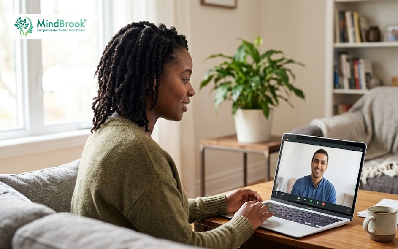 A patient in Tampa, Florida having a HIPAA-compliant telehealth psychiatry video session with a MindBrook Psychiatry provider for bipolar disorder treatment — from the comfort of her home.