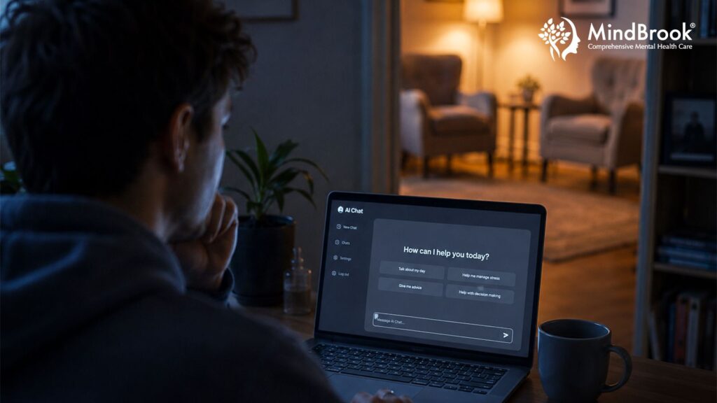 Person using AI mental health chatbot compared to real therapist consultation in Tampa, FL